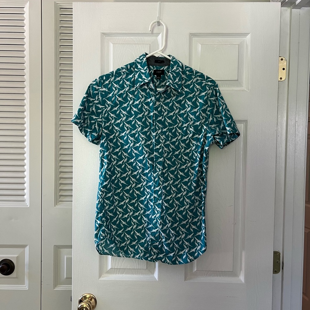 J Crew Teal Pelican Bird Patterned Slim Men's Shirt